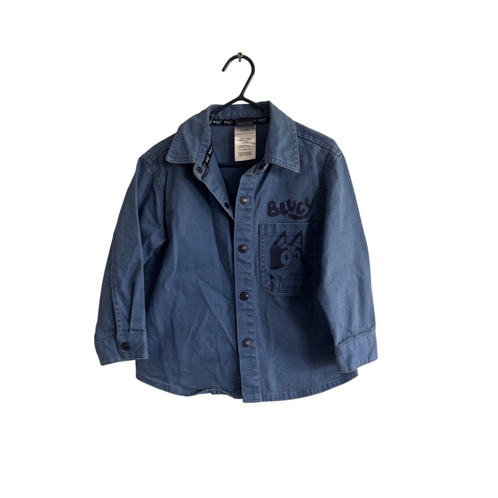Bluey Toddler Boys Blue Cotton Canvas Button Down Shirt Shacket 3T